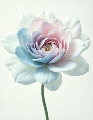 The primary subject of the image is a beautiful white and blue flower. The setting is a white background, which provides a clean and minimalist look. The visual style is a close-up of the flower, showcasing its intricate details. The dominant colors in the image are white and blue, creating a serene and calming atmosphere.